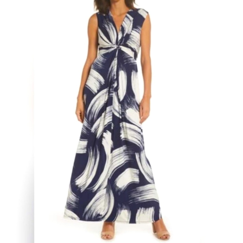 Eliza J Jersey Knit Printed Maxi Dress in Navy Blue and White, Tie Back Waist